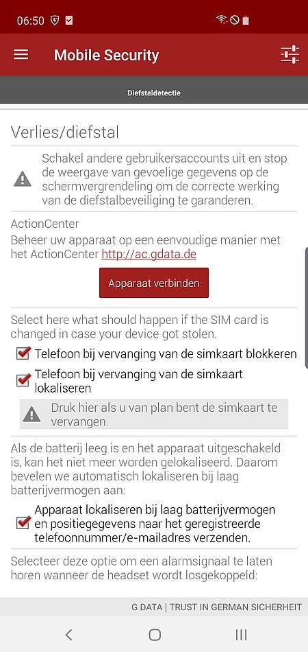 Screenshot G DATA Mobile Security Android – Diefstaldetectie